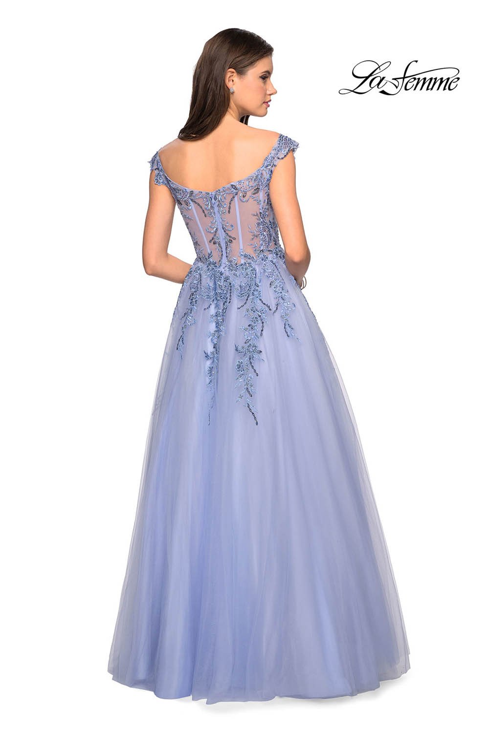 Gigi by La Femme 27595 prom dress images. Gigi by La Femme 27595 is available in these colors: Blush, Cloud Blue.