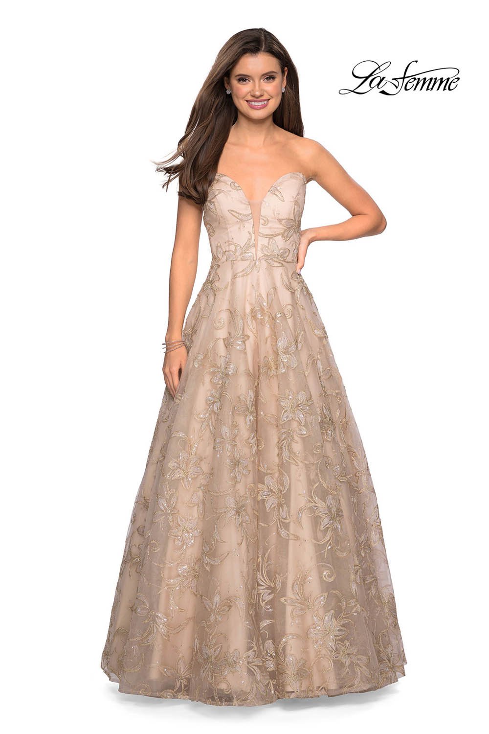 Gigi by La Femme 27640 prom dress images. Gigi by La Femme 27640 is available in these colors: Cloud Blue, Gold Nude, White Nude.