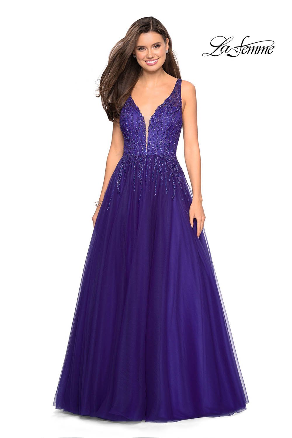 Gigi by La Femme 27688 prom dress images.  Gigi by La Femme 27688 is available in these colors: Garnet, Indigo, Lavender, Lemon, Silver.