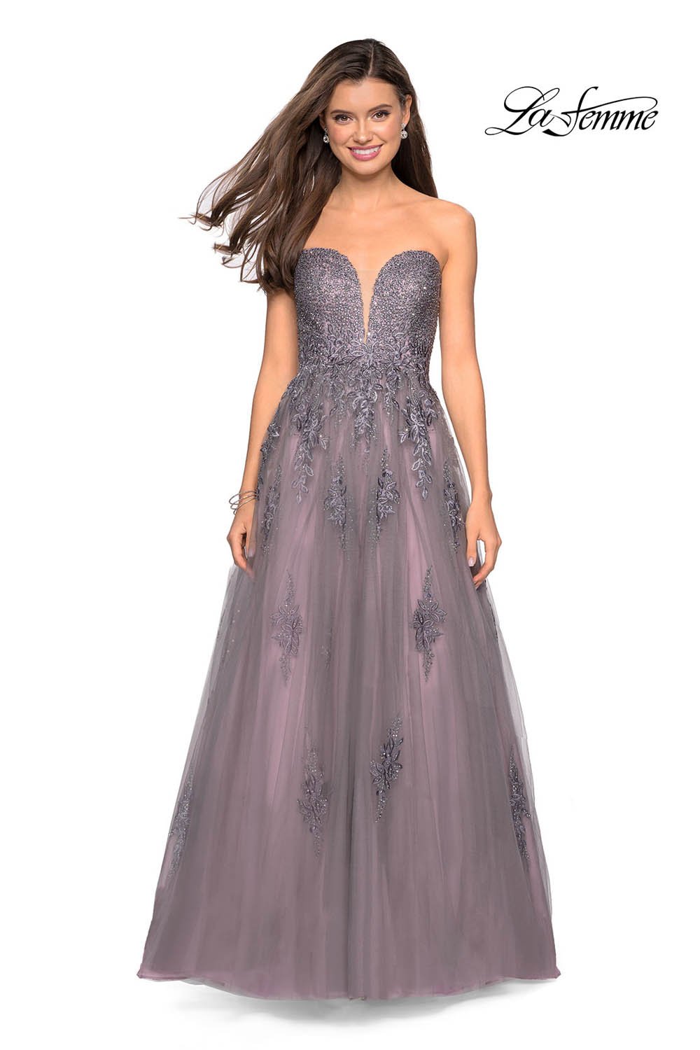 Gigi by La Femme 27767 prom dress images.  Gigi by La Femme 27767 is available in these colors: Grey Pink.