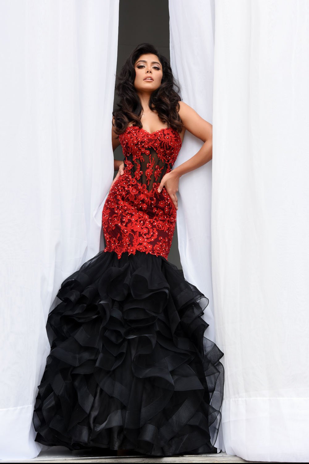 Jasz Couture 7025 prom dress images. Jasz Couture 7025 is available in these colors: Black Red, Wine, Yellow.