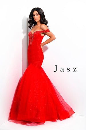 Jasz Couture 7301 prom dress images.  Jasz Couture 7301 is available in these colors: Cobalt,  Emerald,  Red.