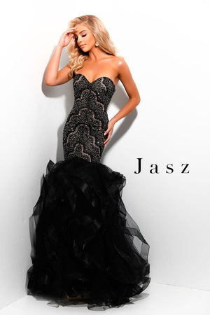 Jasz Couture 7333 prom dress images.  Jasz Couture 7333 is available in these colors: Black Nude,  White Nude,  Wine Nude.