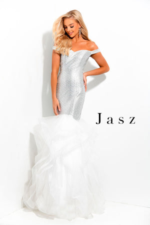 Jasz Couture 7334 prom dress images.  Jasz Couture 7334 is available in these colors: Black Multi,  Red,  White Silver.