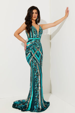 Jasz Couture 7524 prom dress images.  Jasz Couture 7524 is available in these colors: Green Multi, Ivory Silver.