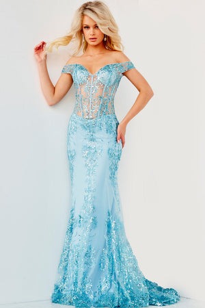 Jovani 06369 Light Blue prom dress images.  Jovani style 06369 is available in these colors: Ivory, Light Blue, Navy, Red, Royal.