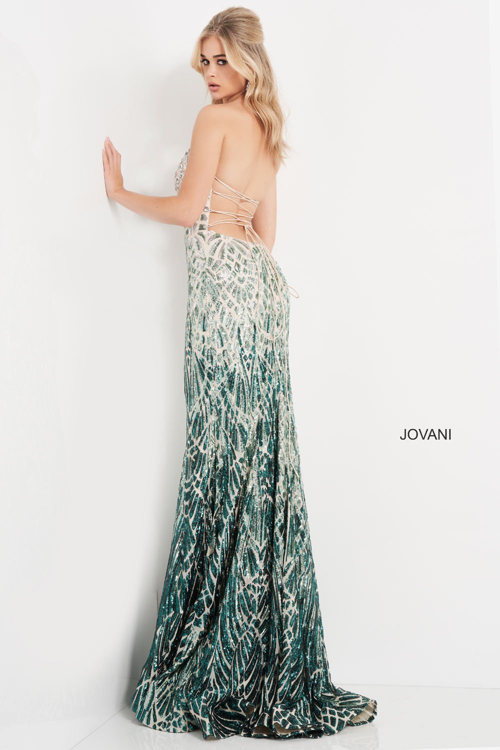 Jovani 06459 prom dress images. Jovani 06459 is available in these colors: Silver Green, Silver Cafe.