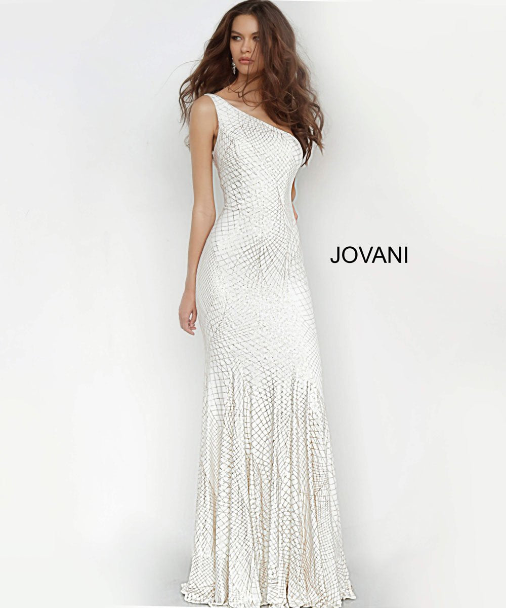 open lace back dress Elegant White and Gold Mermaid Prom Dress Sequins High Collar Chiffon Long main image 1
