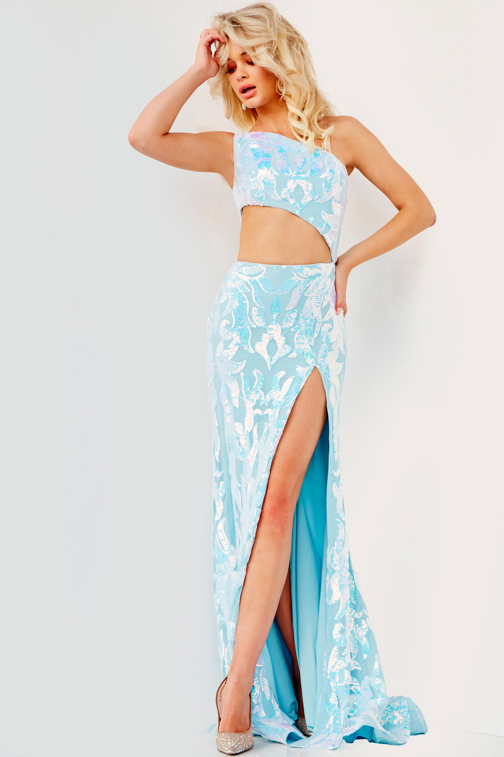 Jovani 22853 prom dress images. Jovani style 22853 is available in these colors: Hot Pink, Light Blue, Light Pink, Lilac, Orange, Turquoise.