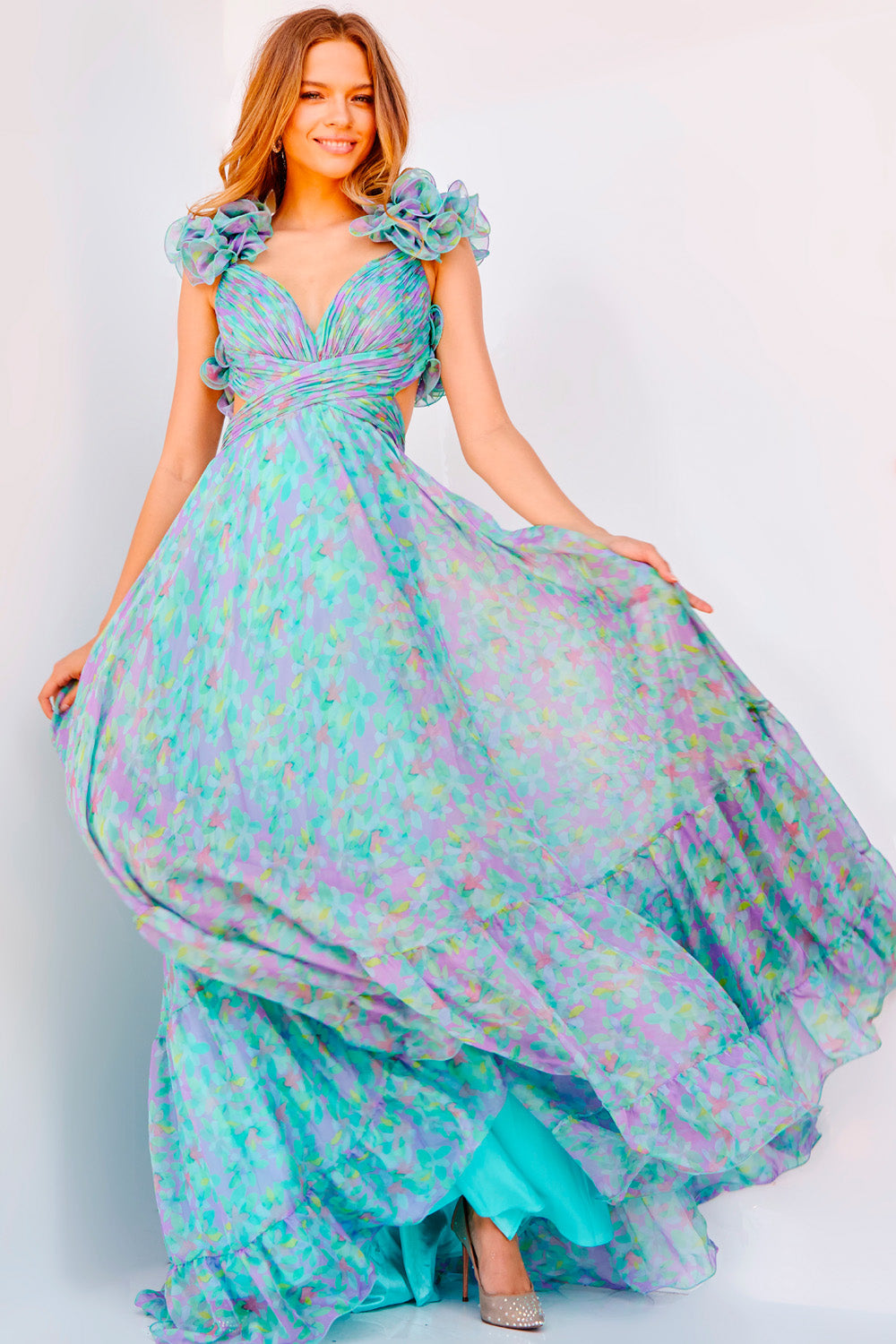 blue dress for baby girl Off The Shoulder Floral Appliques Prom Gown by Jovani 23698 6 / Skyblue main image 0