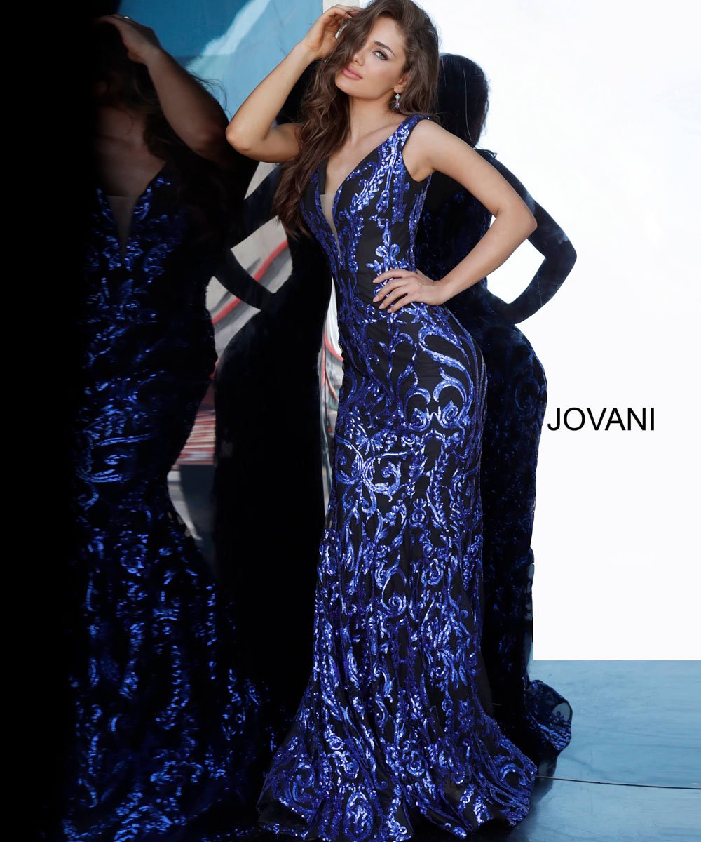 Jovani 63349 prom dress images. Jovani 63349 is available in these colors: Black Gold, Black Green, Black Red, Black Royal, Black Silver, Navy Navy, White Gold.
