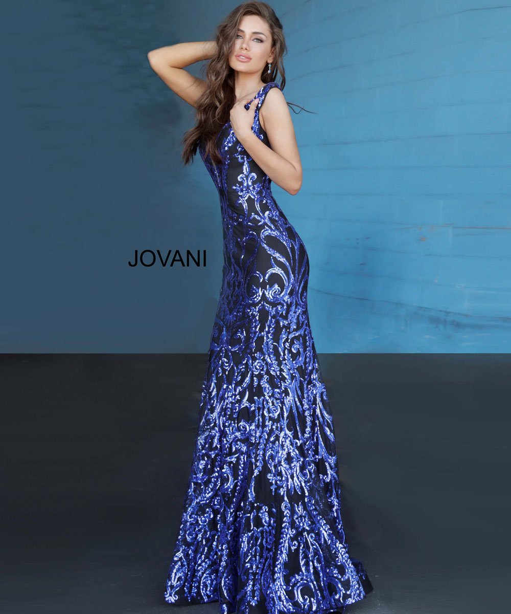Jovani 63349 prom dress images. Jovani 63349 is available in these colors: Black Gold, Black Green, Black Red, Black Royal, Black Silver, Navy Navy, White Gold.