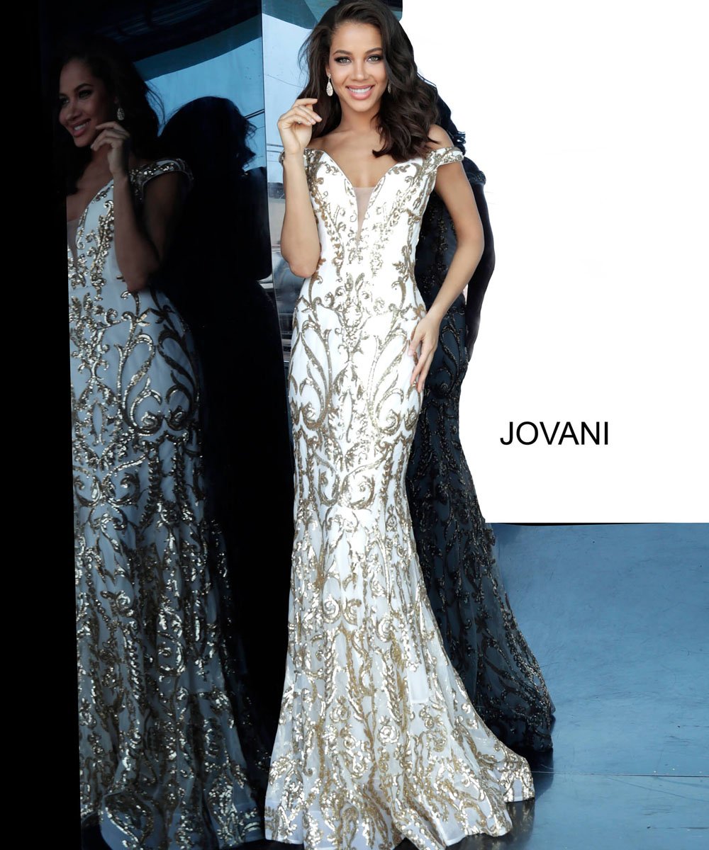 Jovani 63349 prom dress images. Jovani 63349 is available in these colors: Black Gold, Black Green, Black Red, Black Royal, Black Silver, Navy Navy, White Gold.