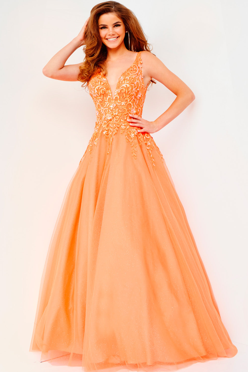 Jovani JVN22831 prom dress images. Jovani style JVN22831 is available in these colors: Orange, Lavender.