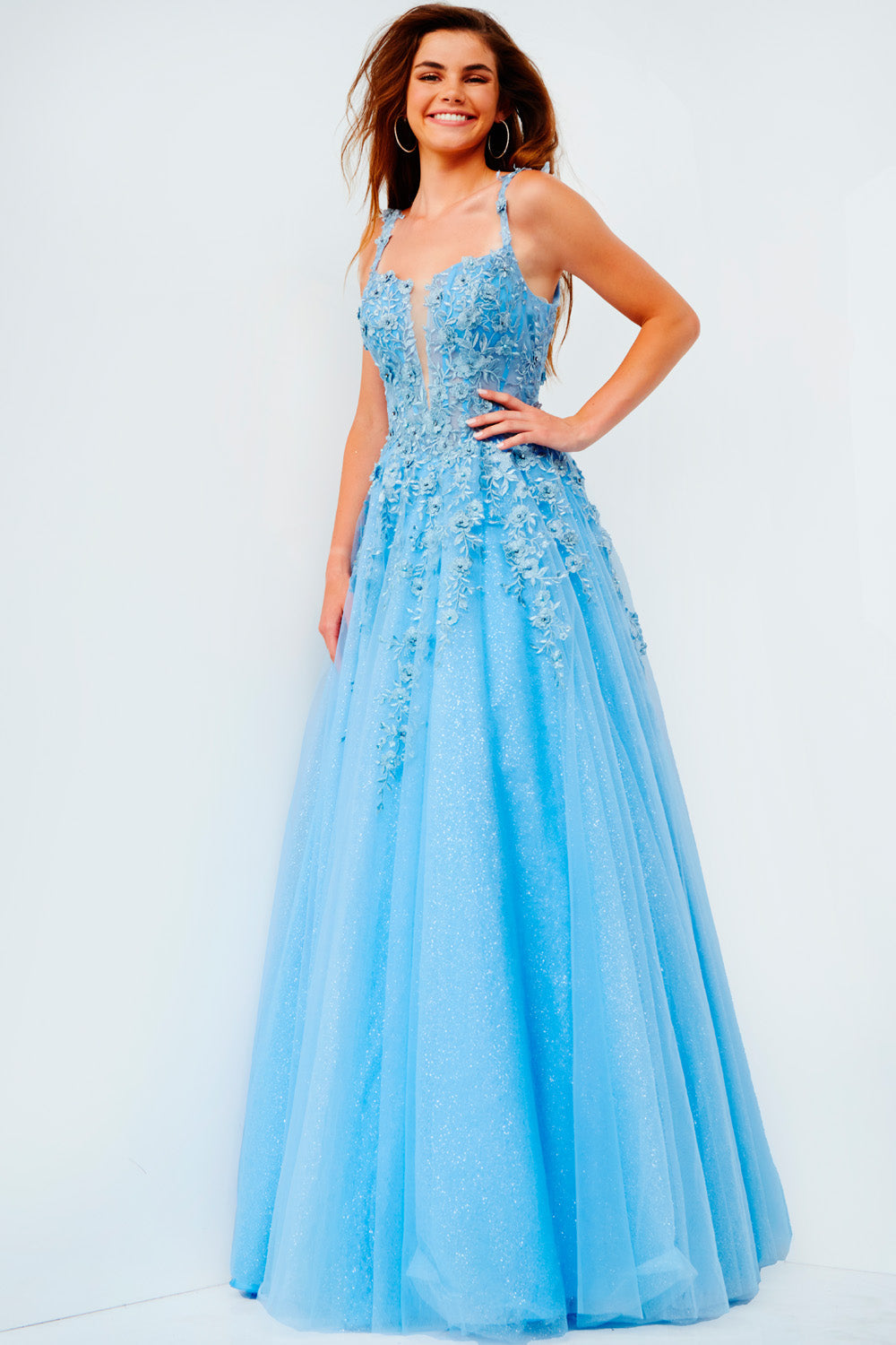 Jovani JVN4271 prom dress images. Jovani style JVN4271 is available in these colors: Sky Blue, Burgundy, Ivory, Navy.