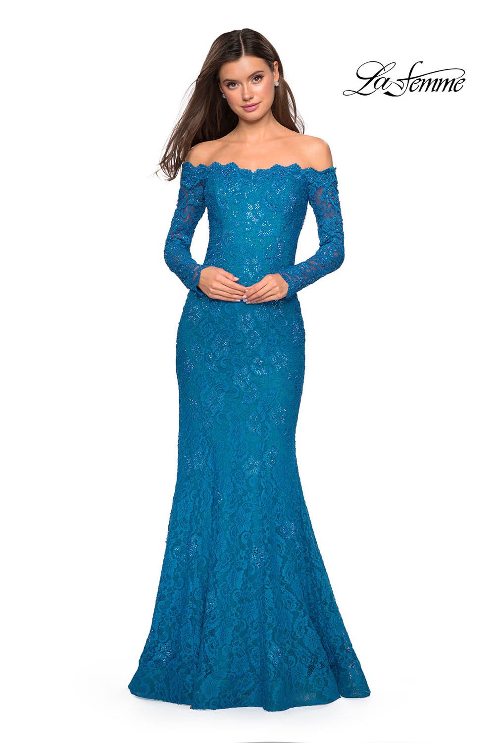 La Femme 26393 prom dress images. La Femme 26393 is available in these colors: Black, Dark Turquoise, White.