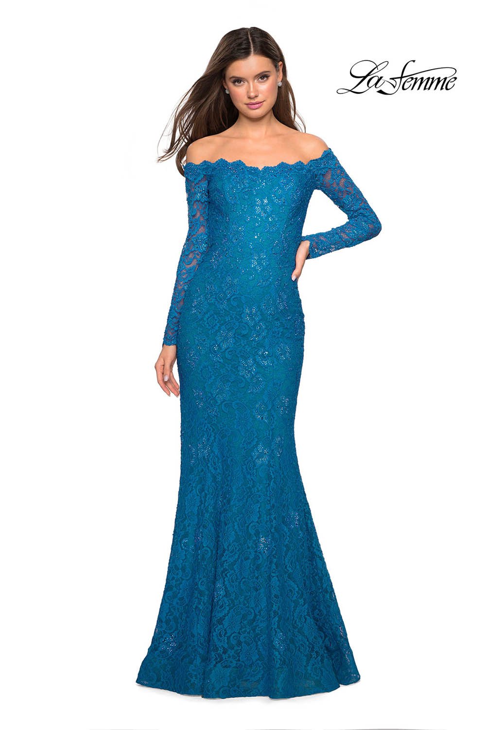 La Femme 26393 prom dress images. La Femme 26393 is available in these colors: Black, Dark Turquoise, White.