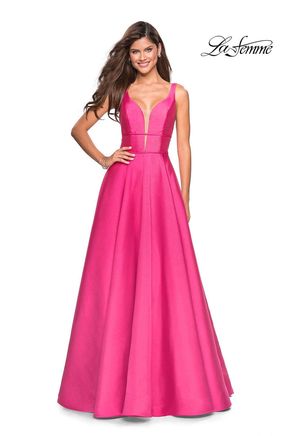 La Femme 26768 prom dress images. La Femme 26768 is available in these colors: Bright Pink, Emerald, Pale Yellow, Sapphire Blue.