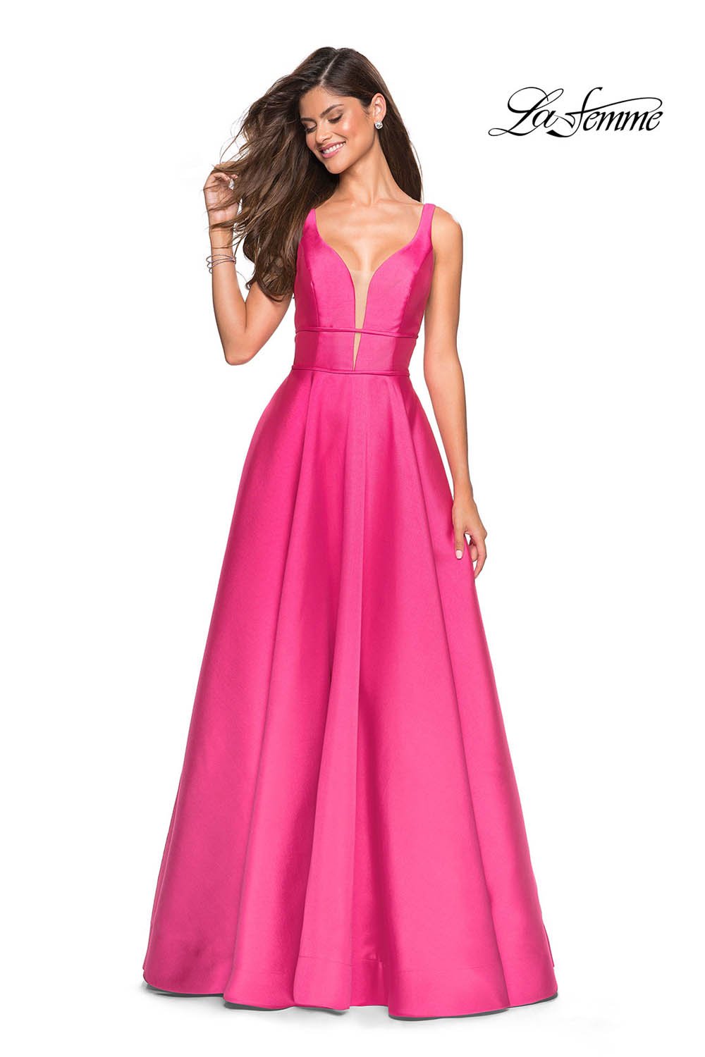 La Femme 26768 prom dress images. La Femme 26768 is available in these colors: Bright Pink, Emerald, Pale Yellow, Sapphire Blue.