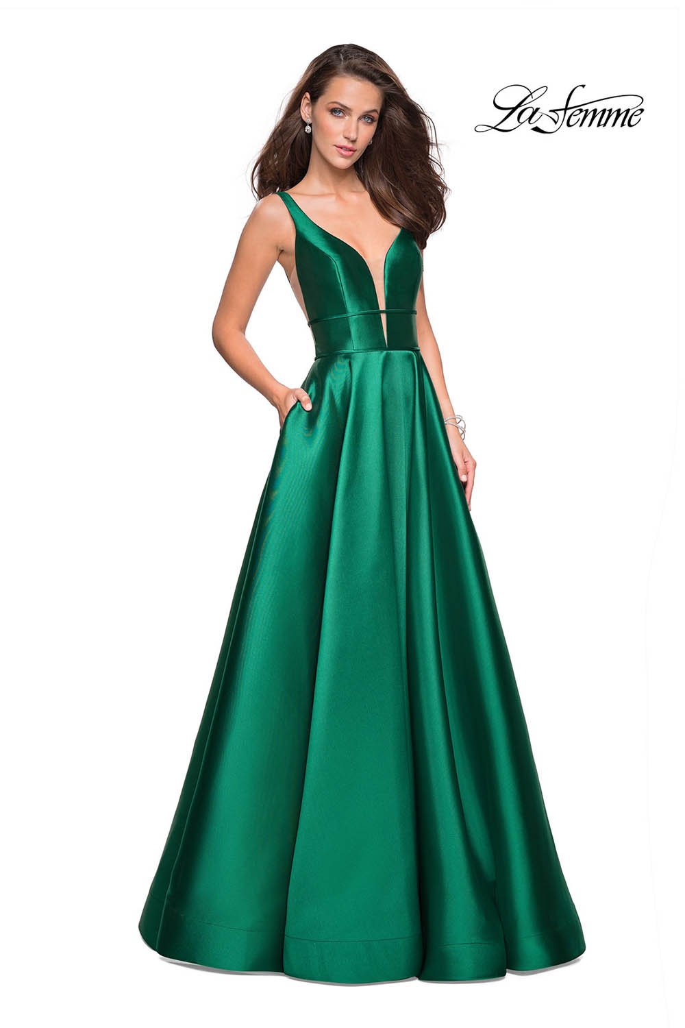 La Femme 26768 prom dress images. La Femme 26768 is available in these colors: Bright Pink, Emerald, Pale Yellow, Sapphire Blue.