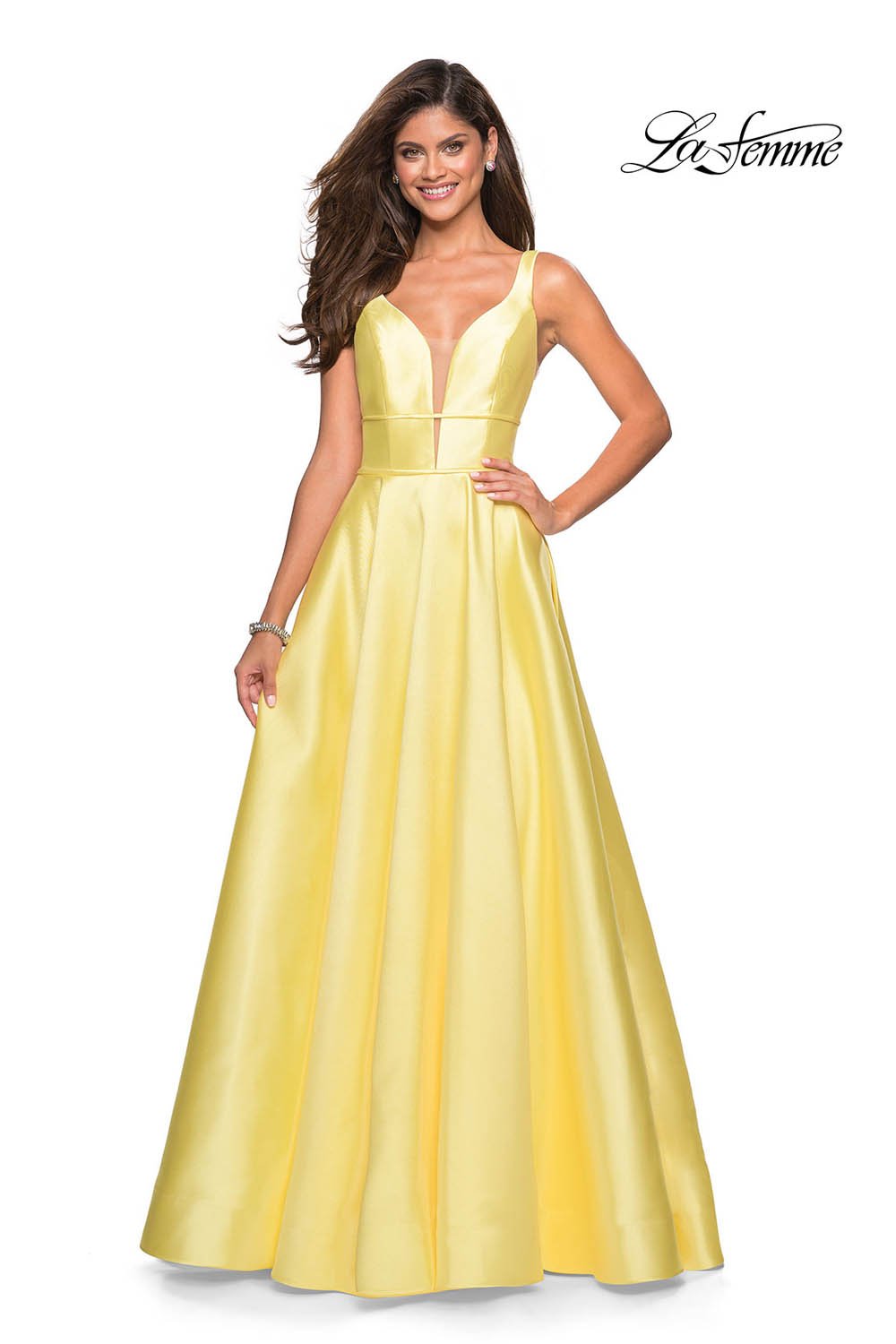 La Femme 26768 prom dress images. La Femme 26768 is available in these colors: Bright Pink, Emerald, Pale Yellow, Sapphire Blue.