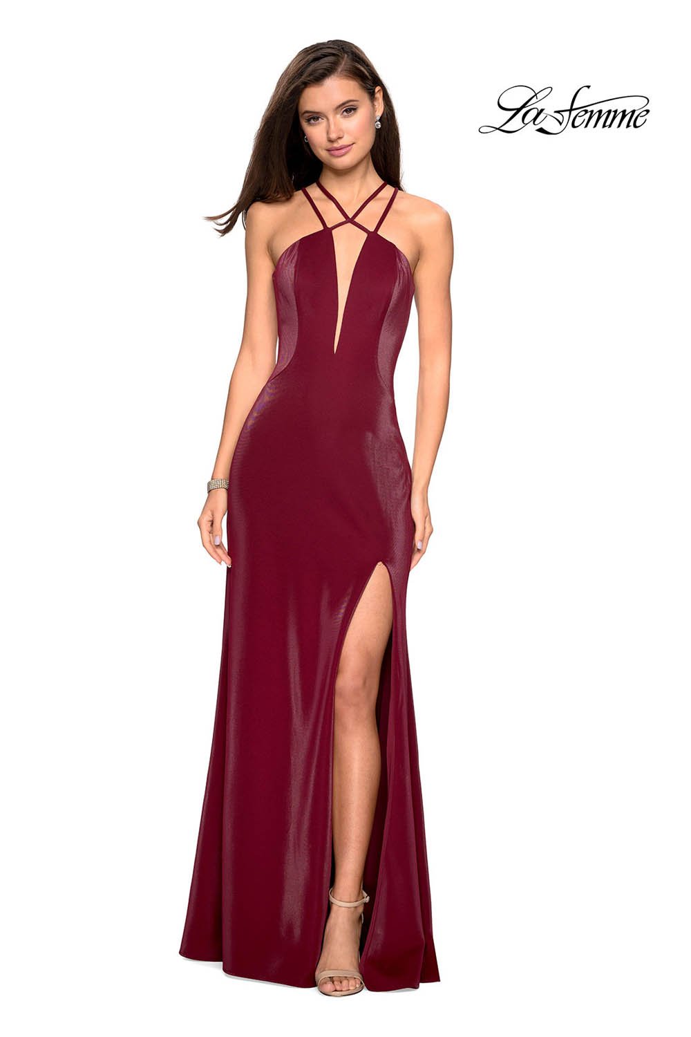 La Femme 26963 prom dress images. La Femme 26963 is available in these colors: Burgundy, Forest Green, Navy.