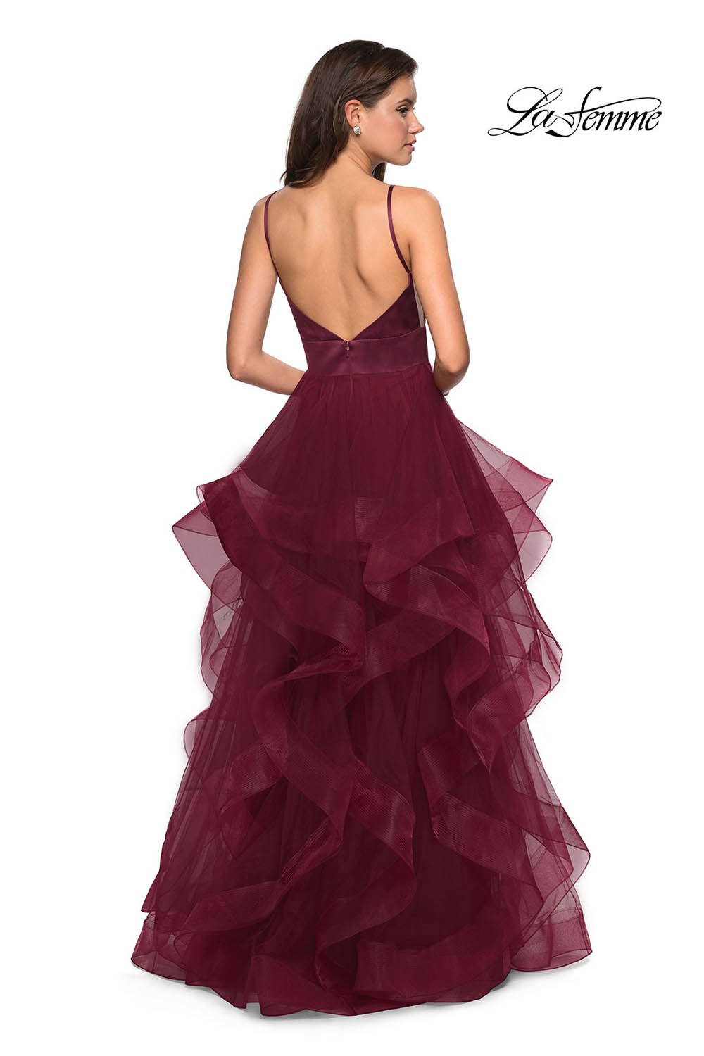 La Femme 27024 prom dress images. La Femme 27024 is available in these colors: Black, Burgundy, Lavender, Light Pink, White.