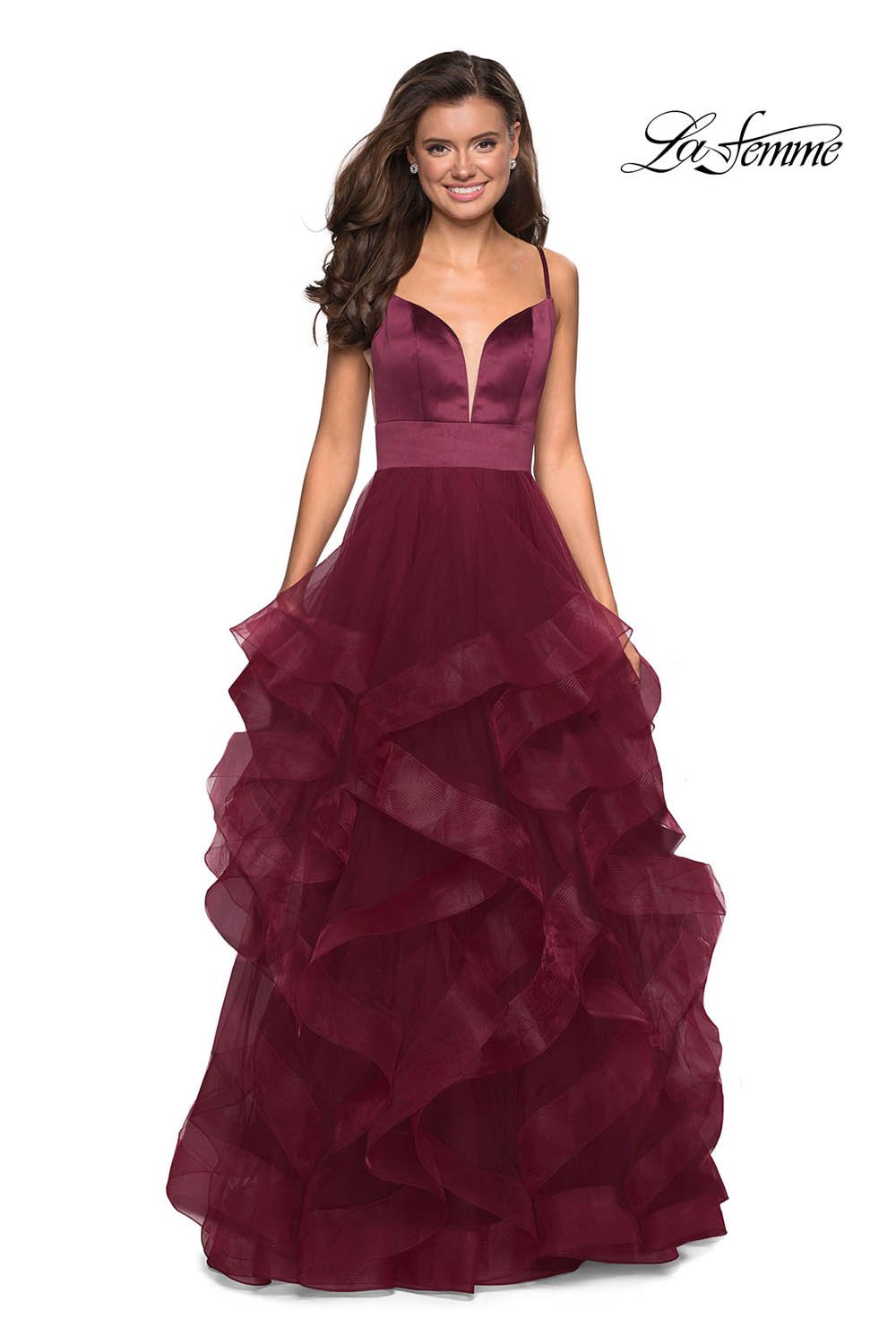 La Femme 27024 prom dress images. La Femme 27024 is available in these colors: Black, Burgundy, Lavender, Light Pink, White.