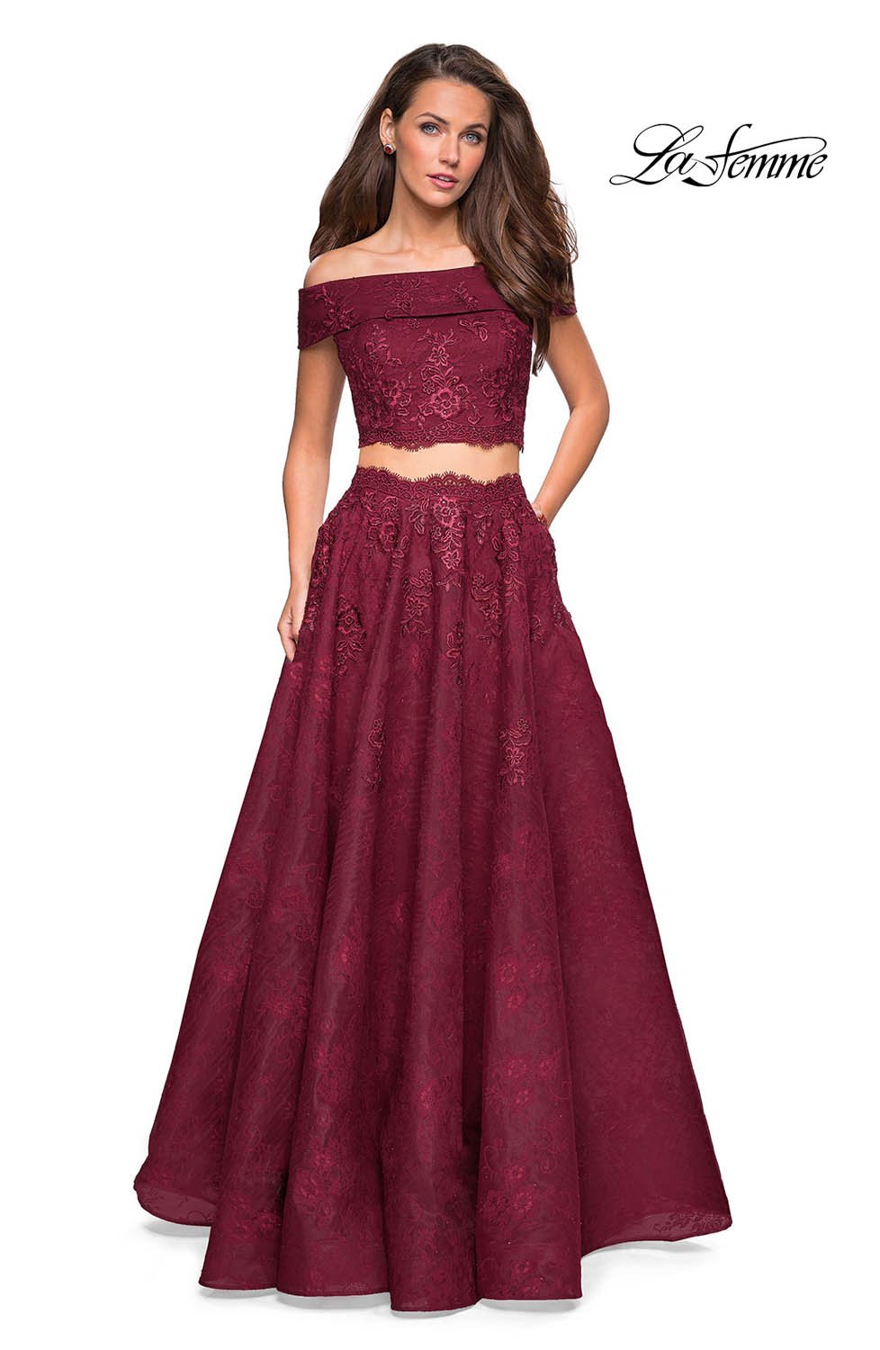 La Femme 27028 prom dress images. La Femme 27028 is available in these colors: Burgundy, Navy, White Nude.