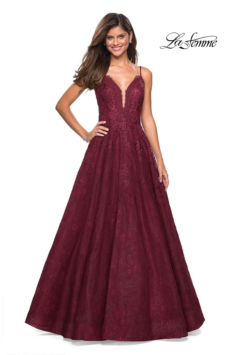 La Femme 27030 prom dress images. La Femme 27030 is available in these colors: Burgundy, Navy, Periwinkle.