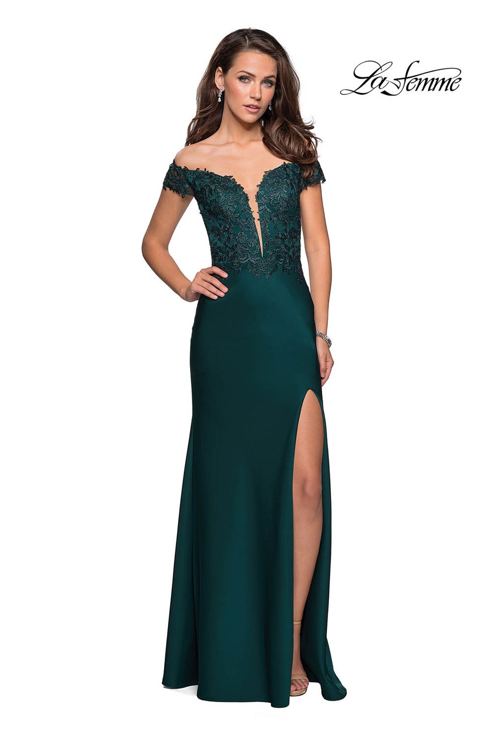 La Femme 27097 prom dress images. La Femme 27097 is available in these colors: Black, Hunter Green, Wine.