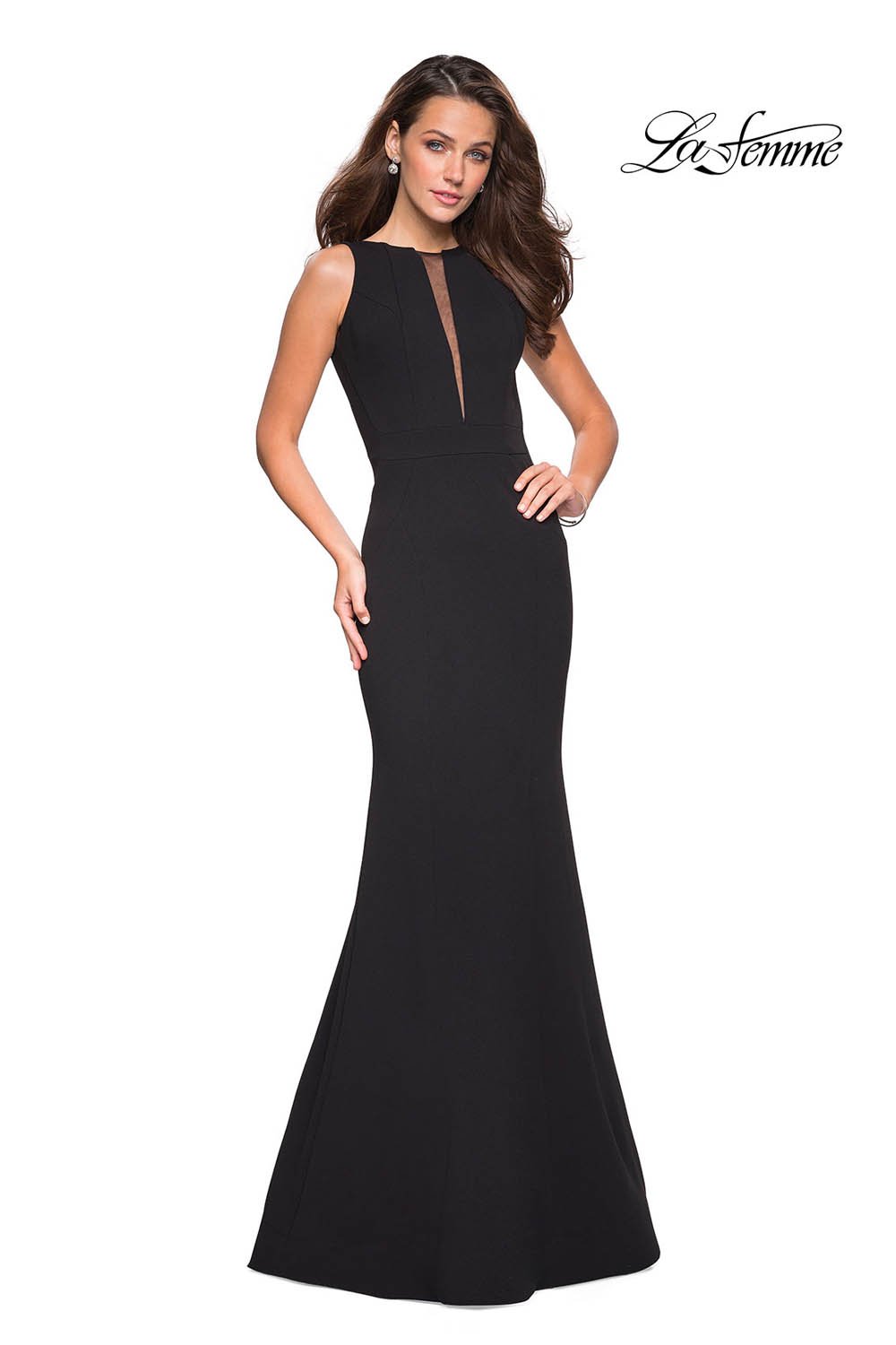 La Femme 27124 prom dress images. La Femme 27124 is available in these colors: Black, Red, Sapphire Blue, White.