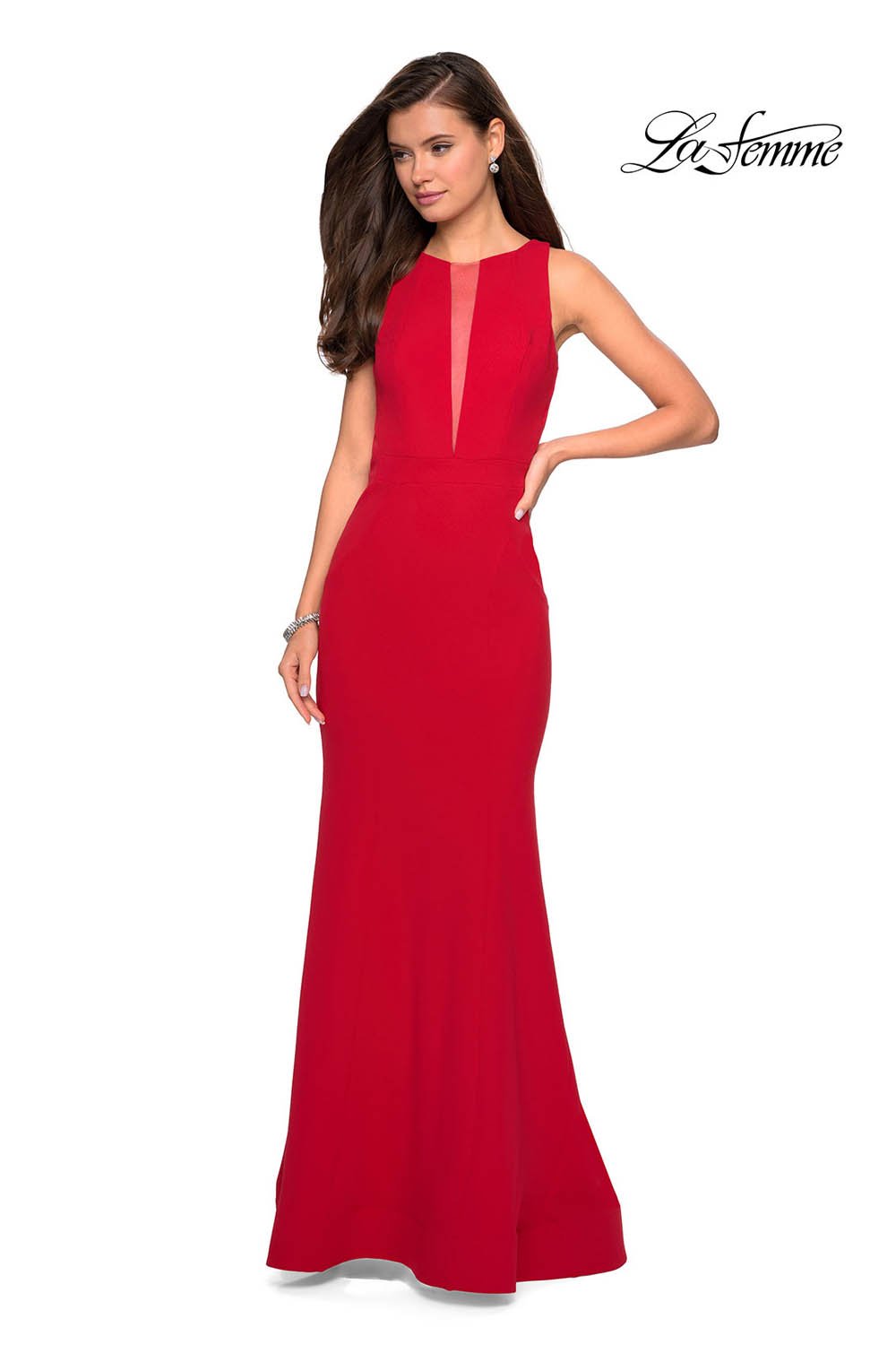 La Femme 27124 prom dress images. La Femme 27124 is available in these colors: Black, Red, Sapphire Blue, White.