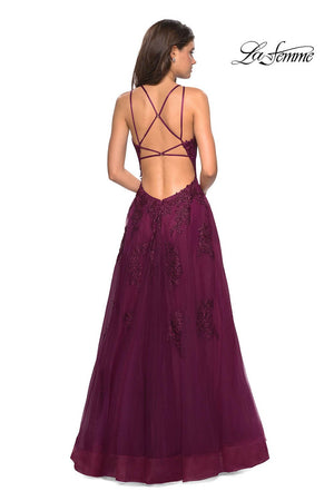 La Femme 27143 prom dress images.  La Femme 27143 is available in these colors: Dark Berry, Navy, Platinum.