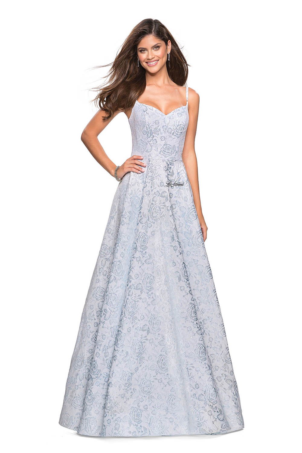 La Femme 27162 prom dress images. La Femme 27162 is available in these colors: Light Blue, Light Gold.