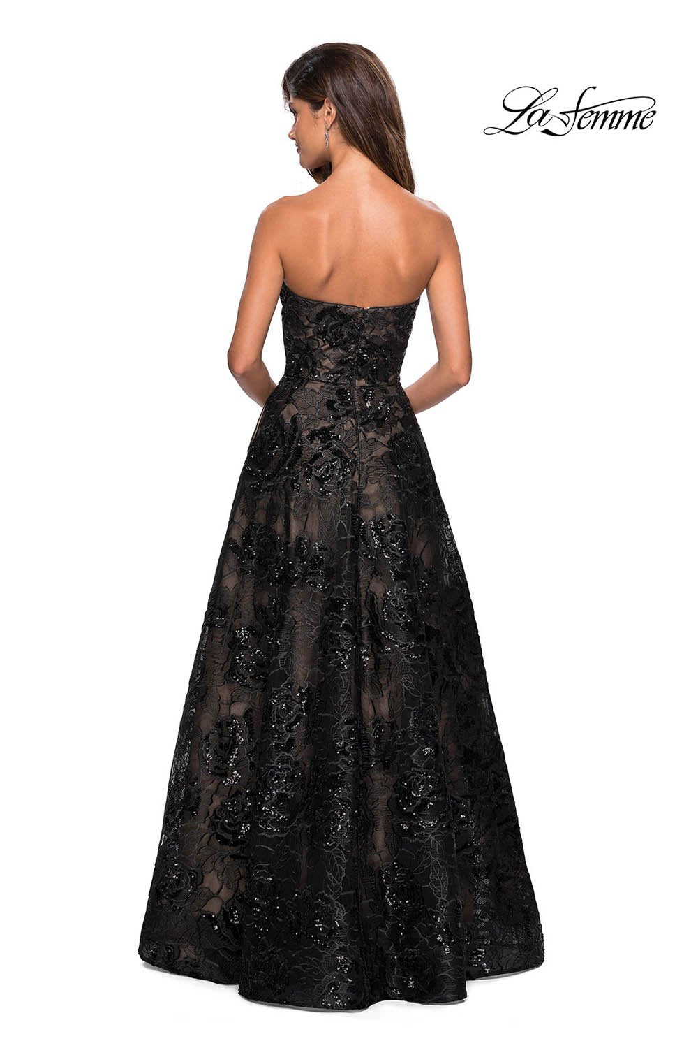 La Femme 27164 prom dress images. La Femme 27164 is available in these colors: Black Nude.