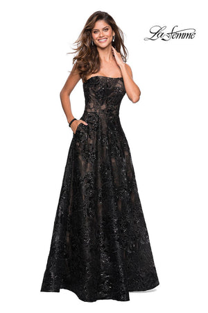 La Femme 27164 prom dress images.  La Femme 27164 is available in these colors: Black Nude.