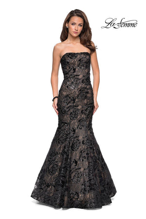 La Femme 27178 prom dress images.  La Femme 27178 is available in these colors: Black Nude, Red Black, White Nude.