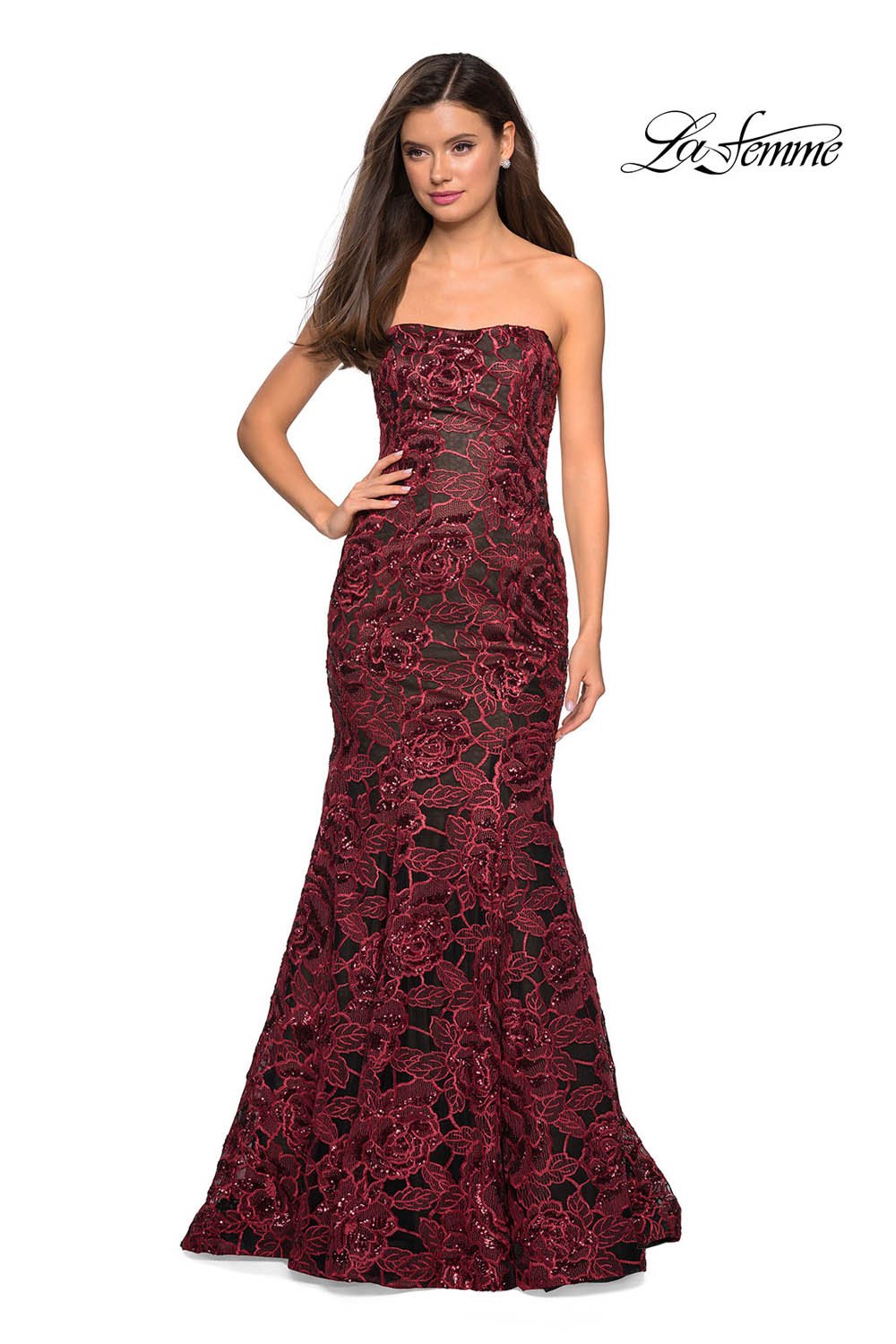 La Femme 27178 prom dress images. La Femme 27178 is available in these colors: Black Nude, Red Black, White Nude.