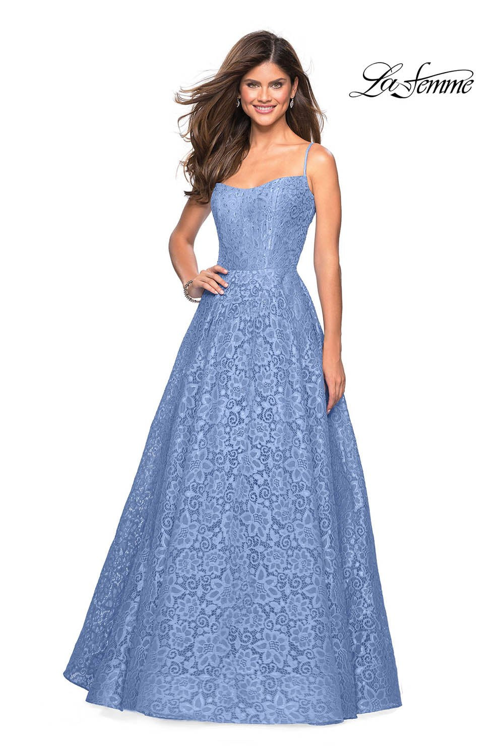 La Femme 27190 prom dress images. La Femme 27190 is available in these colors: Cloud Blue, Lavender, White Nude, Yellow.