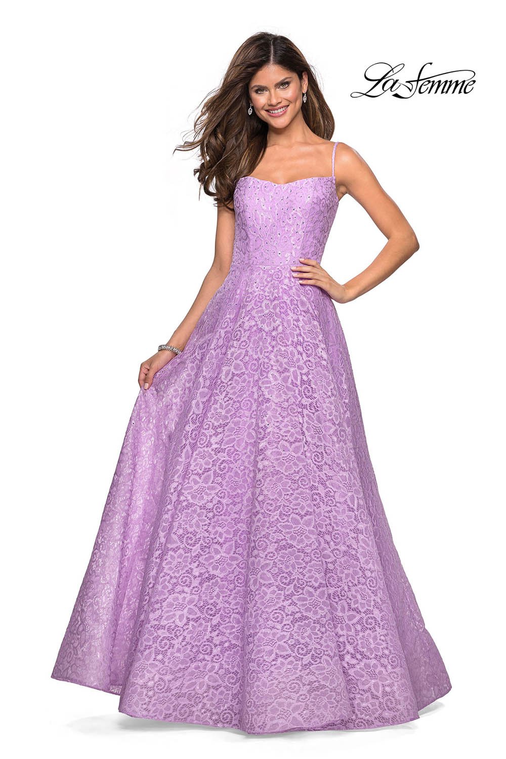 La Femme 27190 prom dress images. La Femme 27190 is available in these colors: Cloud Blue, Lavender, White Nude, Yellow.