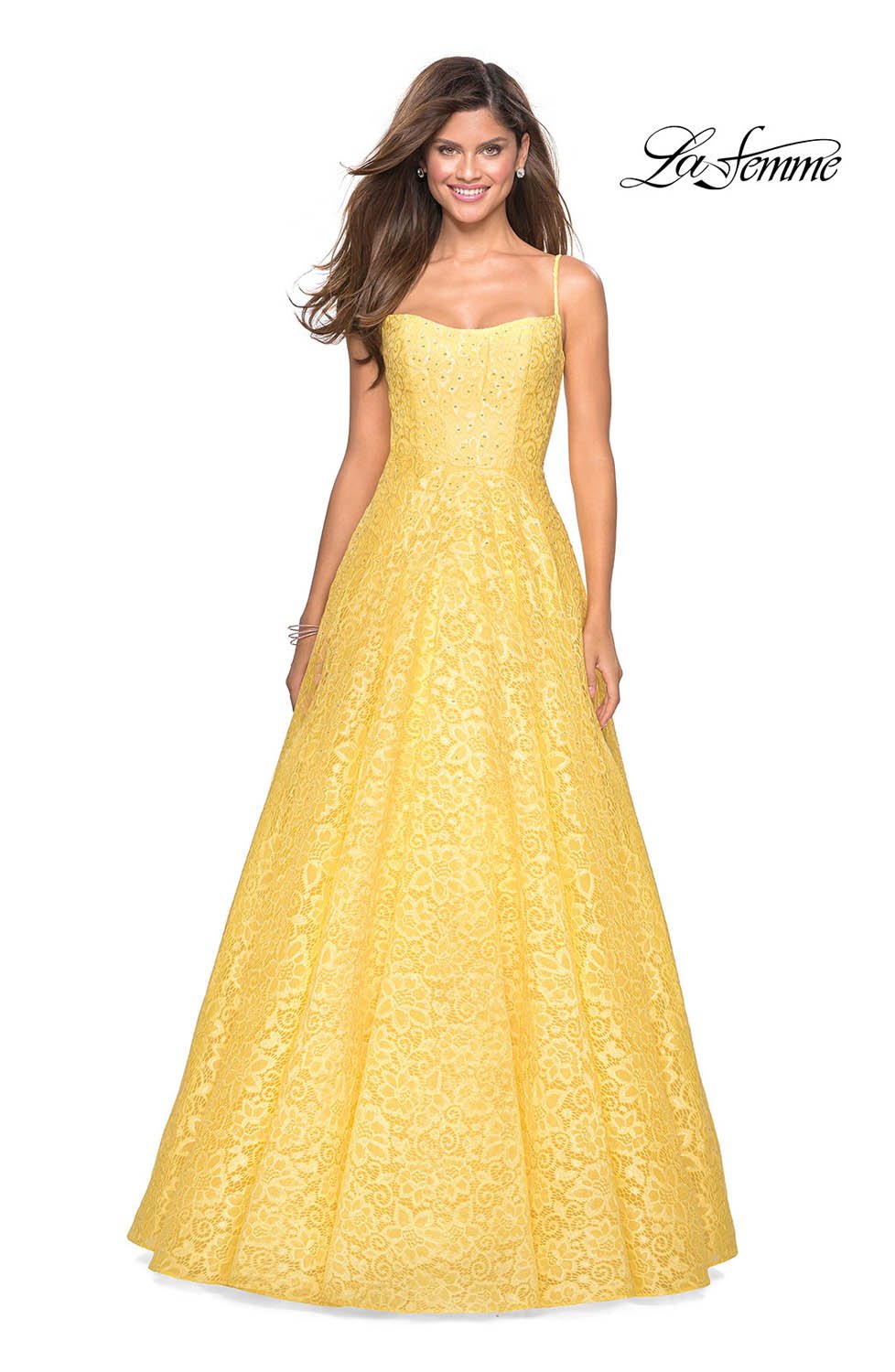 La Femme 27190 prom dress images. La Femme 27190 is available in these colors: Cloud Blue, Lavender, White Nude, Yellow.