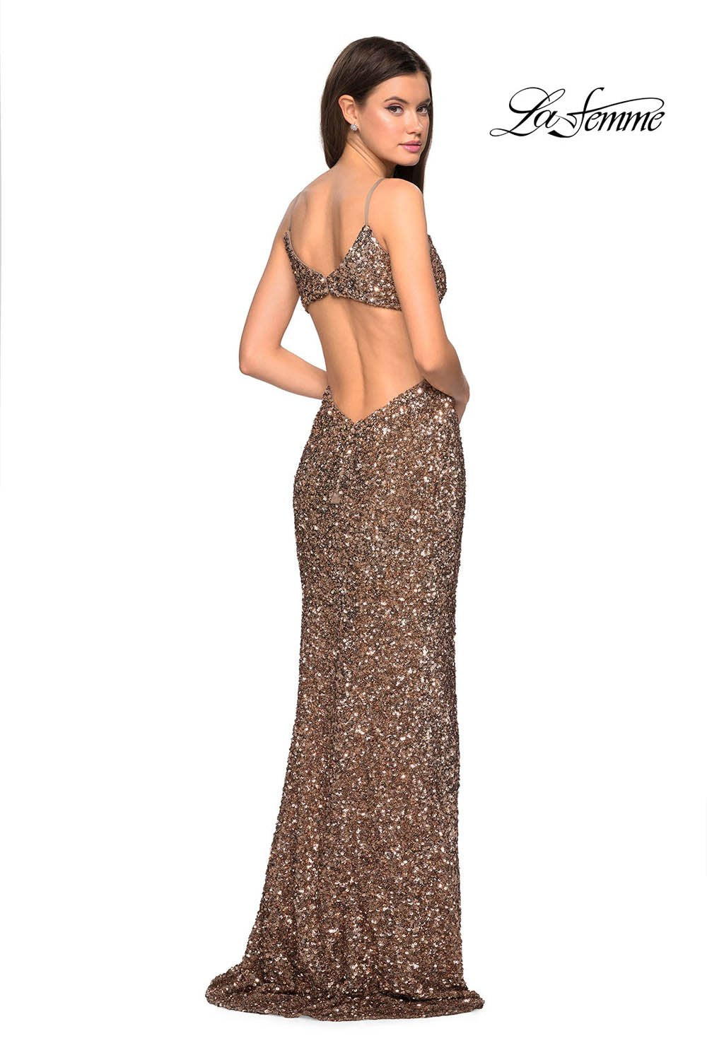 La Femme 27191 prom dress images. La Femme 27191 is available in these colors: Copper, Gunmetal, Marine Blue.