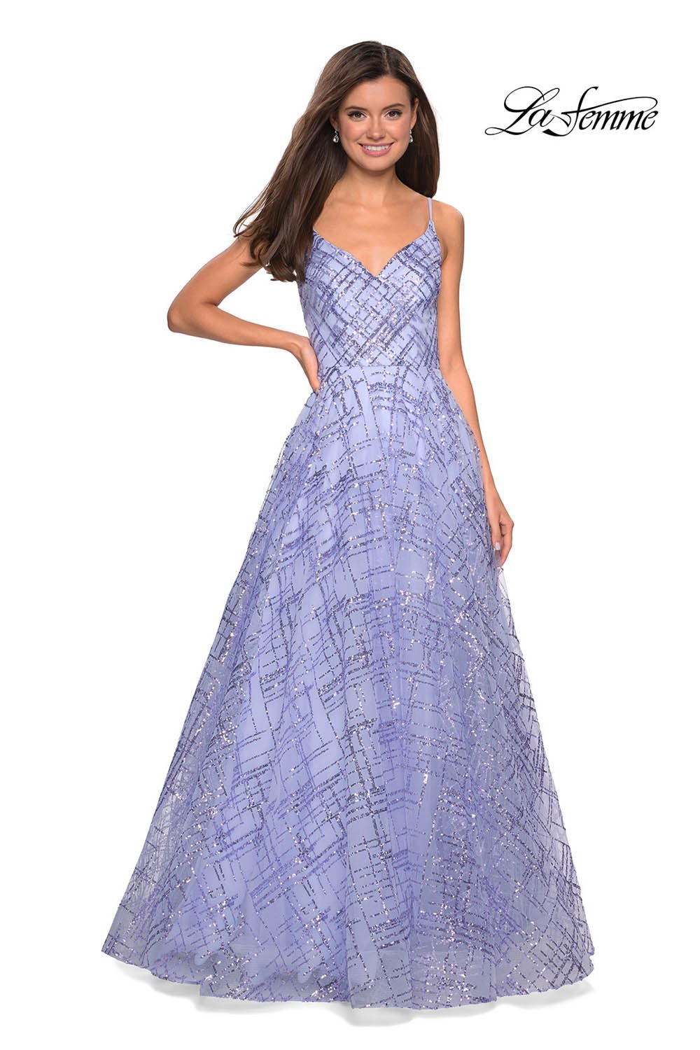 La Femme 27199 prom dress images. La Femme 27199 is available in these colors: Black, Lilac Mist, Mauve, Silver, White Nude.