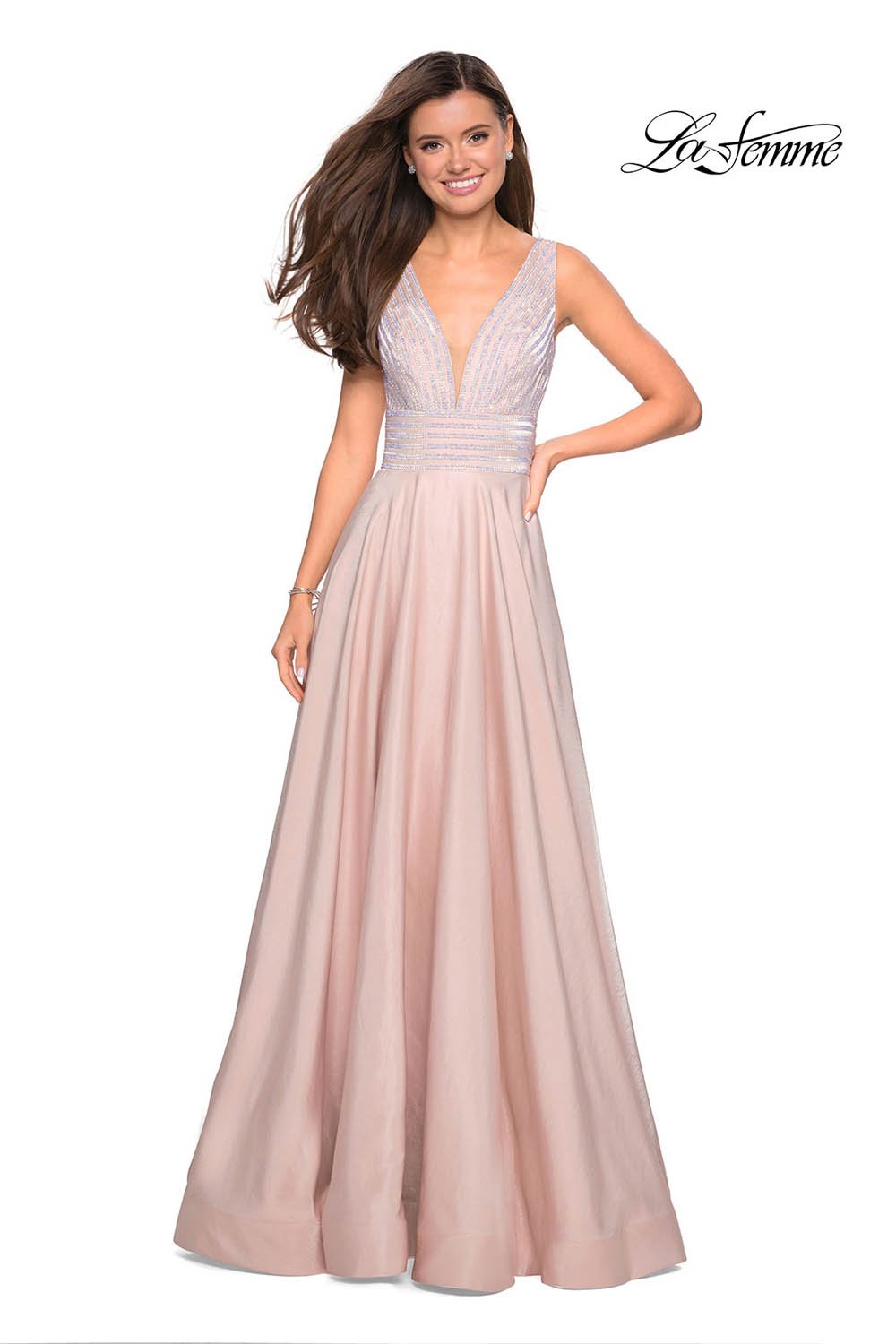 La Femme 27205 prom dress images. La Femme 27205 is available in these colors: Blush, Burgundy, Navy, Platinum.