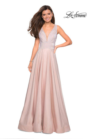 La Femme 27205 prom dress images.  La Femme 27205 is available in these colors: Blush, Burgundy, Navy, Platinum.