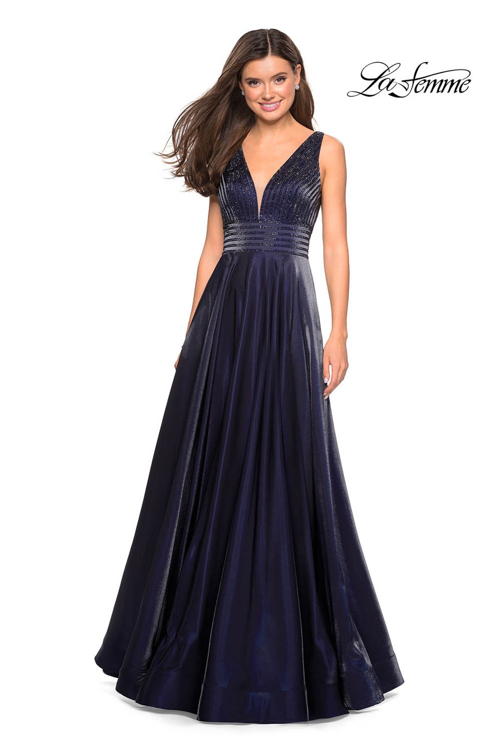 La Femme 27205 prom dress images. La Femme 27205 is available in these colors: Blush, Burgundy, Navy, Platinum.