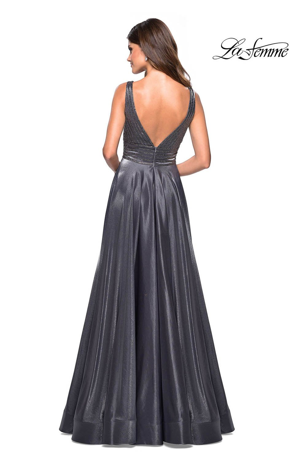 La Femme 27205 prom dress images. La Femme 27205 is available in these colors: Blush, Burgundy, Navy, Platinum.