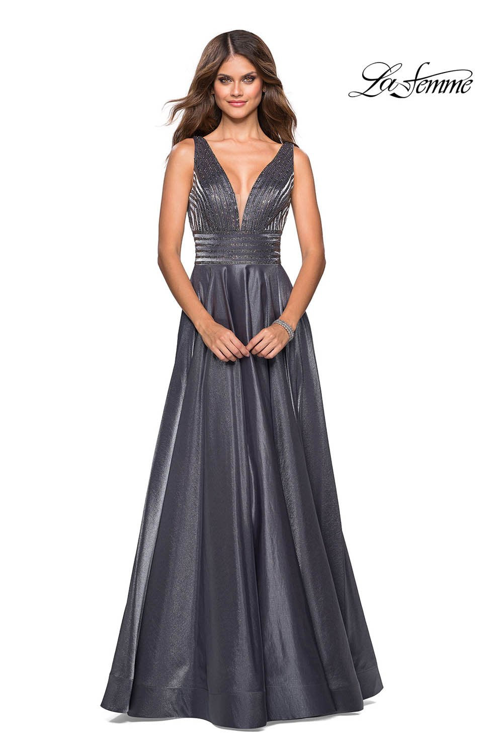 La Femme 27205 prom dress images. La Femme 27205 is available in these colors: Blush, Burgundy, Navy, Platinum.