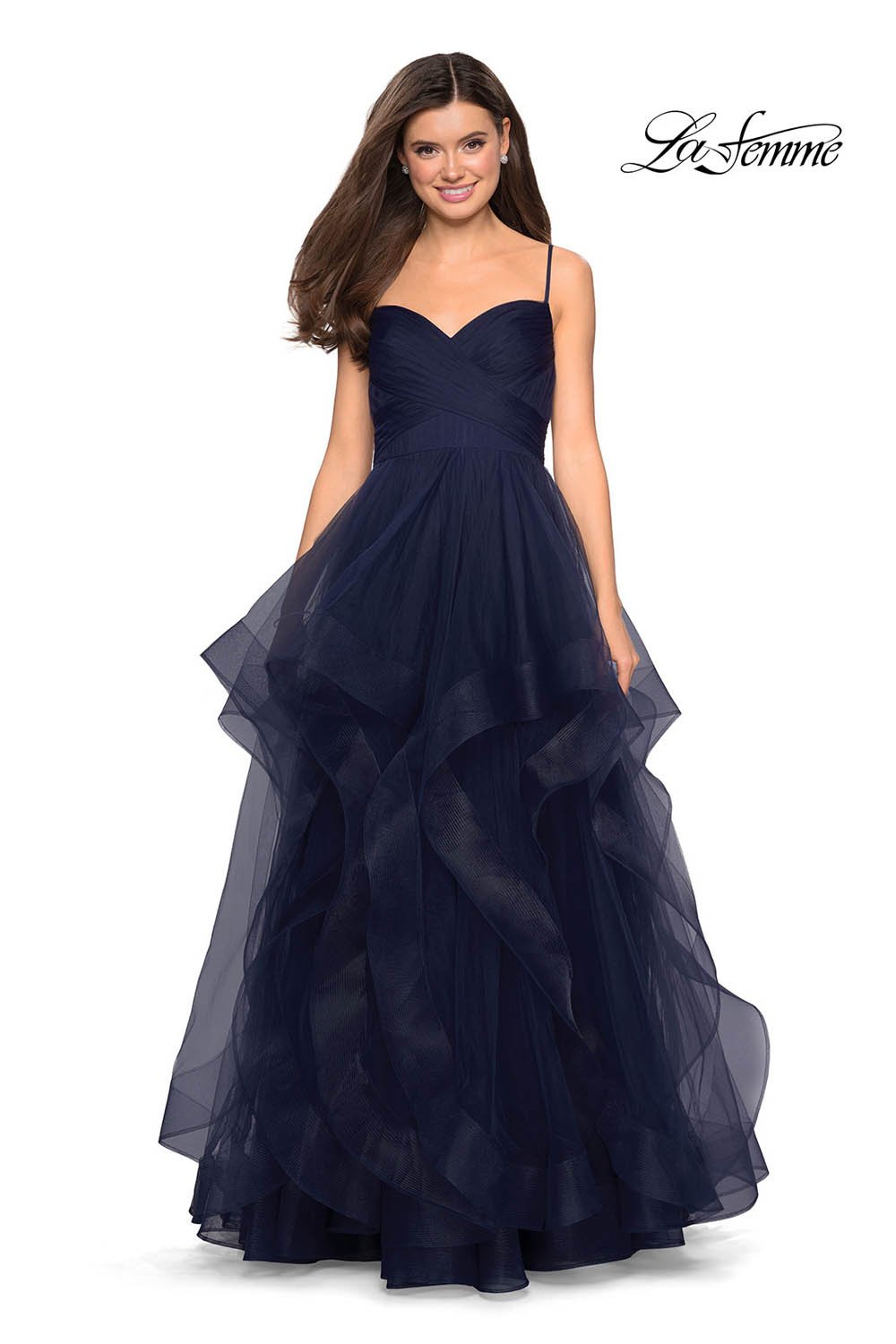 La Femme 27223 prom dress images. La Femme 27223 is available in these colors: Blush, Dark Berry, Navy.